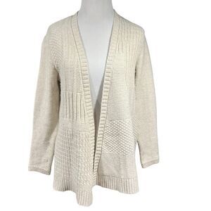 J Jill Womens XS Chunky Cable Knit Cardigan Ivory Wool Cotton Open Relaxed Warm